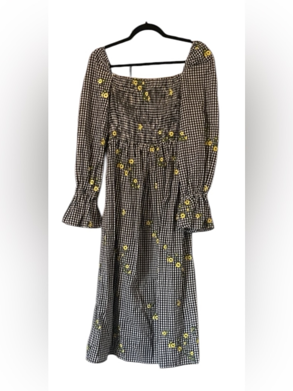 Smocked Midi Dress with Yellow Floral Accents